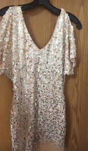Small Nude Sequin Dress with Slit-Shoulders